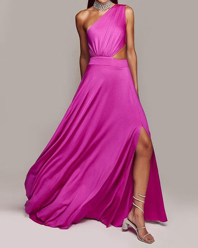 Fashion Solid Color One Shoulder Slit Dress