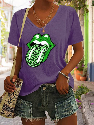 Women's St Patrick's Day Dripping Lips Shamrock Lips Printed Casual V-Neck Tee