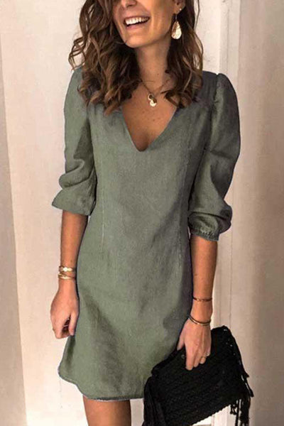 V Neck Elastic Cuff Sleeve Dress(5 Colors Available)