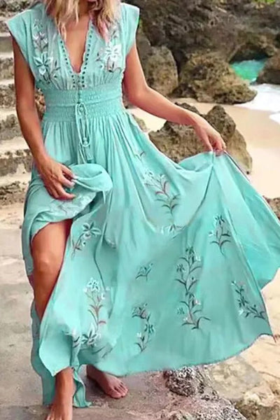 Blossom Gown – Maxikleid im Boho-Stil mit V-Ausschnitt und Quaste