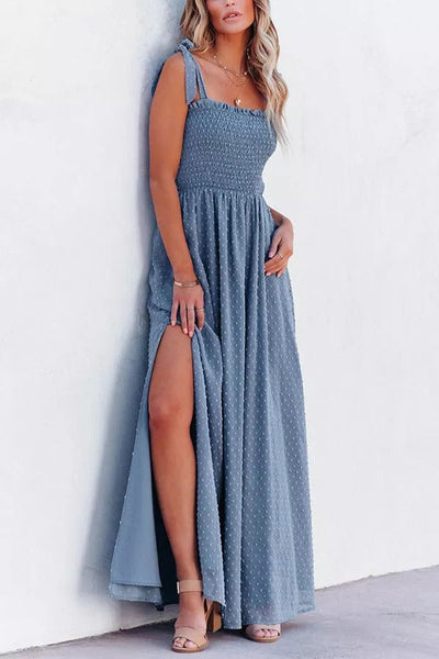 Libra Smocked Swiss Dot Slit Maxi Dress