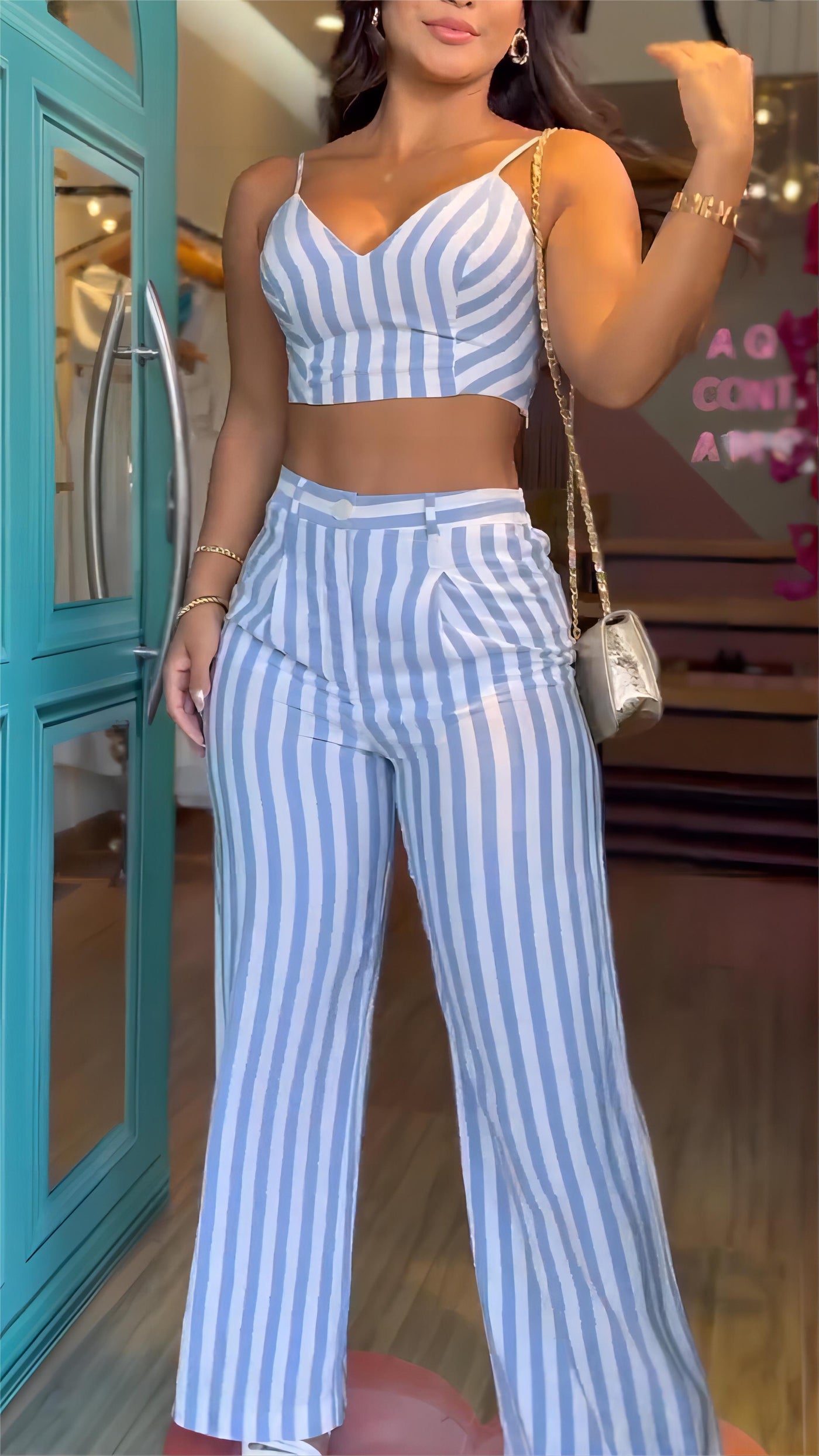 Striped Casual Two Piece Set Top & Pants