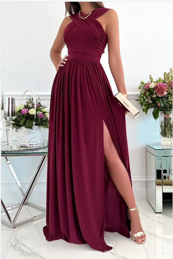 Elegant Sleeveless Halter Open Back Hem Slit Maxi Dress