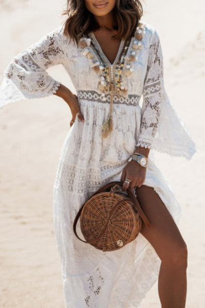 Lace-paneled Fringed Maxi dress