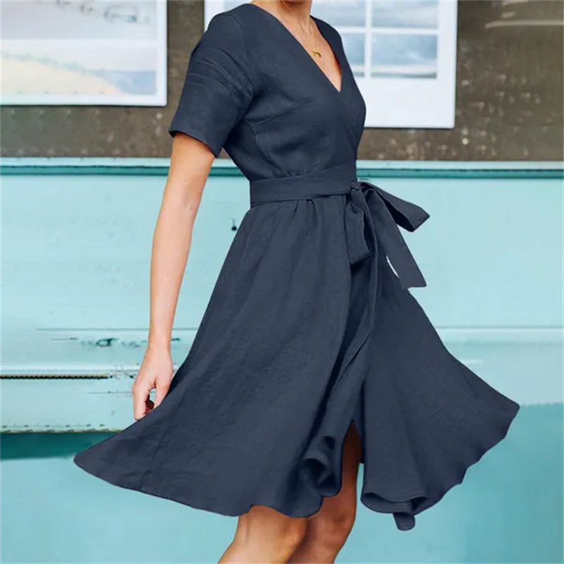 Solid Color Short Sleeves Bow Belt Cotton Dress