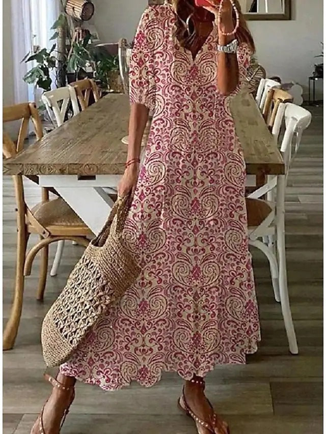 Casual Loose V-neck Printed  Long Dress