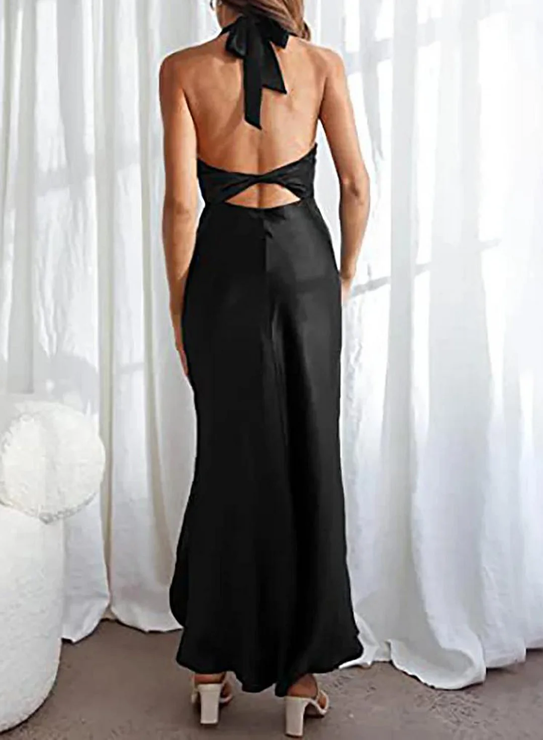 Solid Color Satin Lace-Up Backless Slit Dress