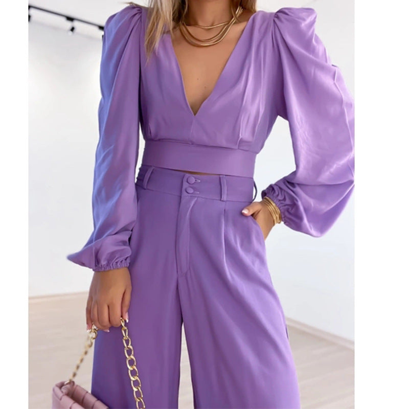 V-neck fashion casual two-piece set