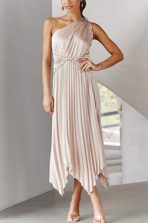 Satin One Shoulder Pleated Midi Dress