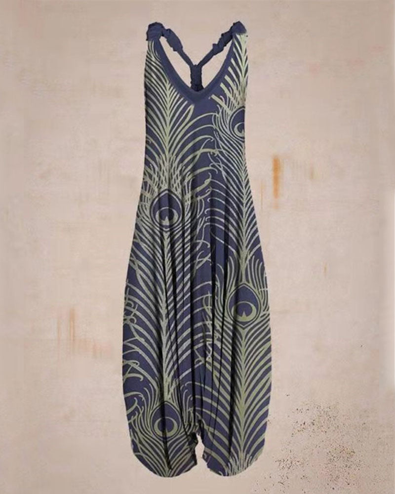 Ethnic print loose plus size jumpsuit