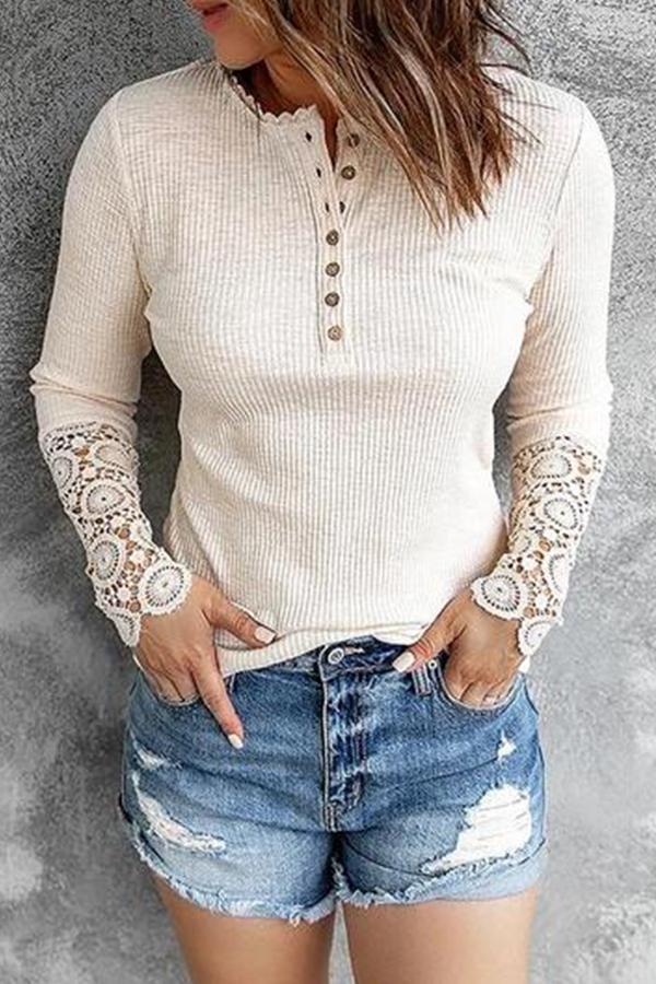 Lace Stitching Sleeve Ribbed-Knit Top