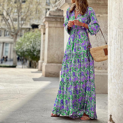 V-neck Long-sleeves  Bohemian Dress