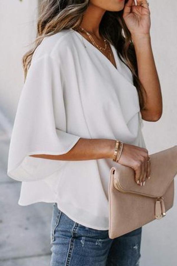 Solid Draped V-neck Half Sleeves Casual Blouse