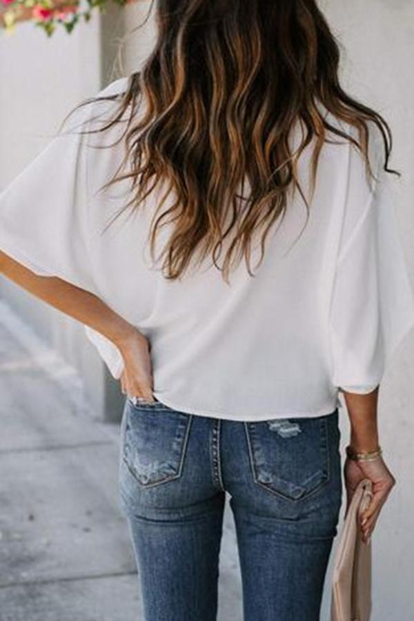 Solid Draped V-neck Half Sleeves Casual Blouse