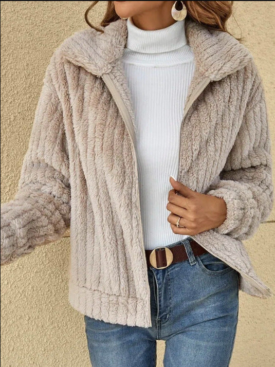 Short Jacket Lapel Zipper Winter Coat Warm Plush Fleece Zipper Casual Coat Top
