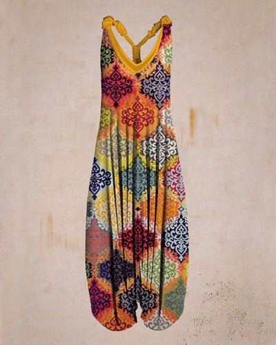 Ethnic print loose plus size jumpsuit