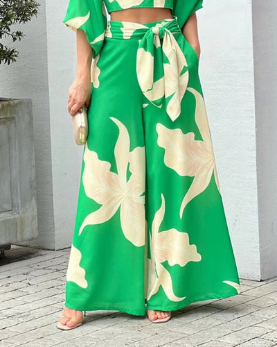 Fashion Print V-Neck Long Sleeve Top & Wide Leg Pants Two-Piece Set