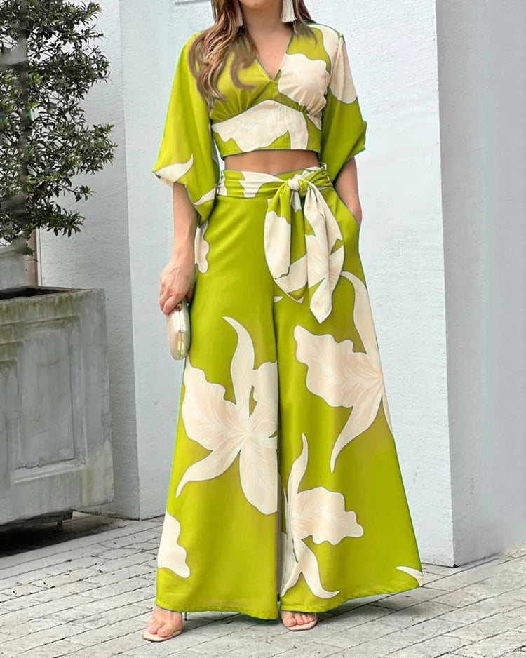 Fashion Print V-Neck Long Sleeve Top & Wide Leg Pants Two-Piece Set