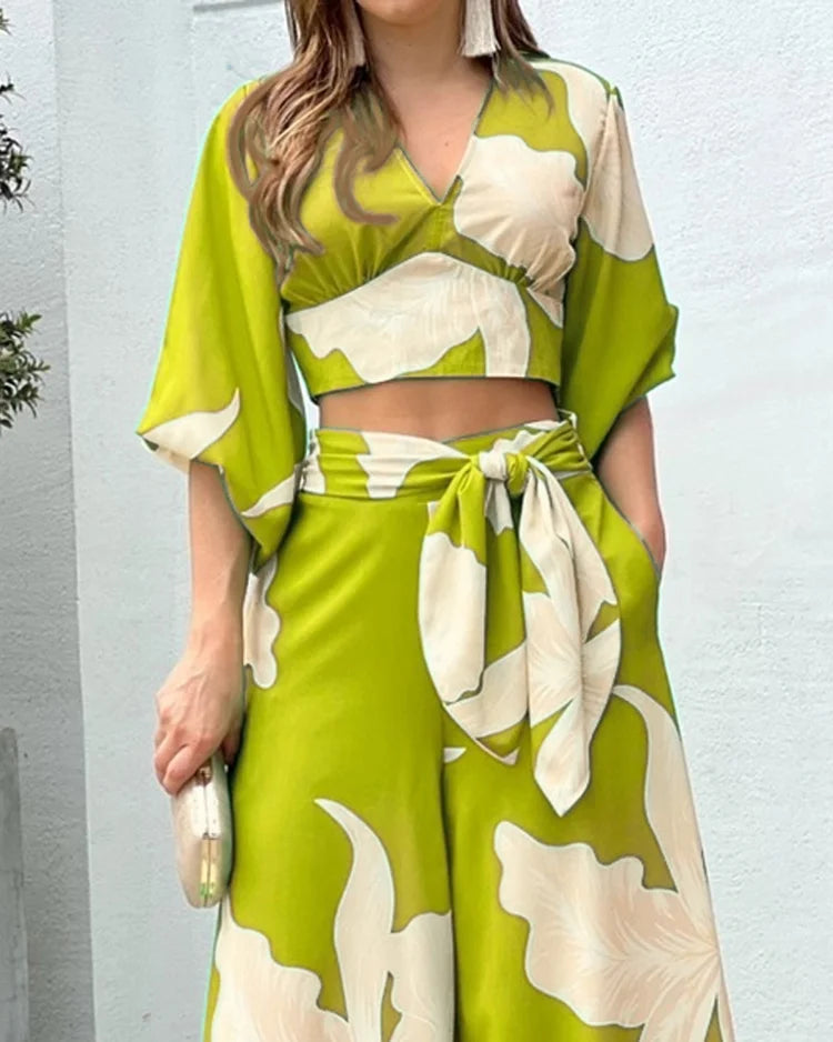 Fashion Print V-Neck Long Sleeve Top & Wide Leg Pants Two-Piece Set