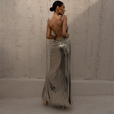 Metallic Shiny Backless Slip Maxi Dress