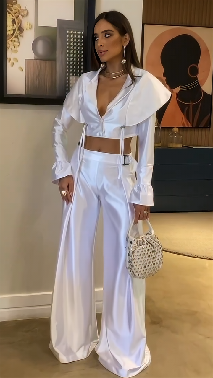 Exclusive Satin White Top & Pants Set