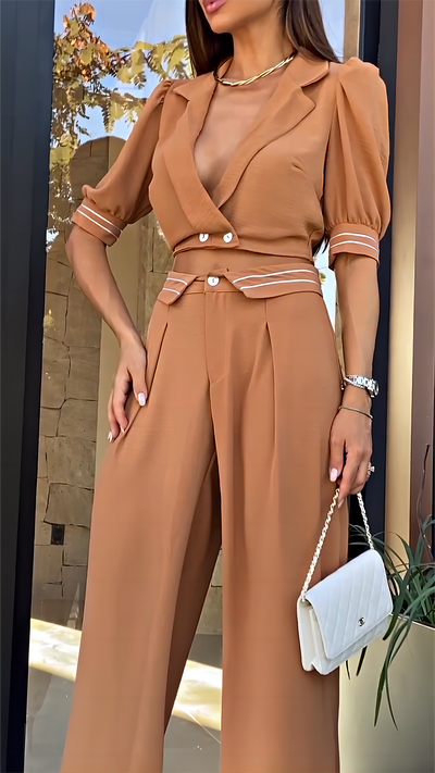 TYRA Two Piece Plunge Notch Collar Top & Pants Set