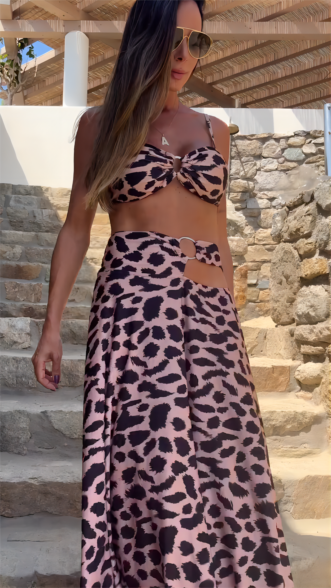 Vacation Two Piece Cami Top & Full Skirt In Leopard Print