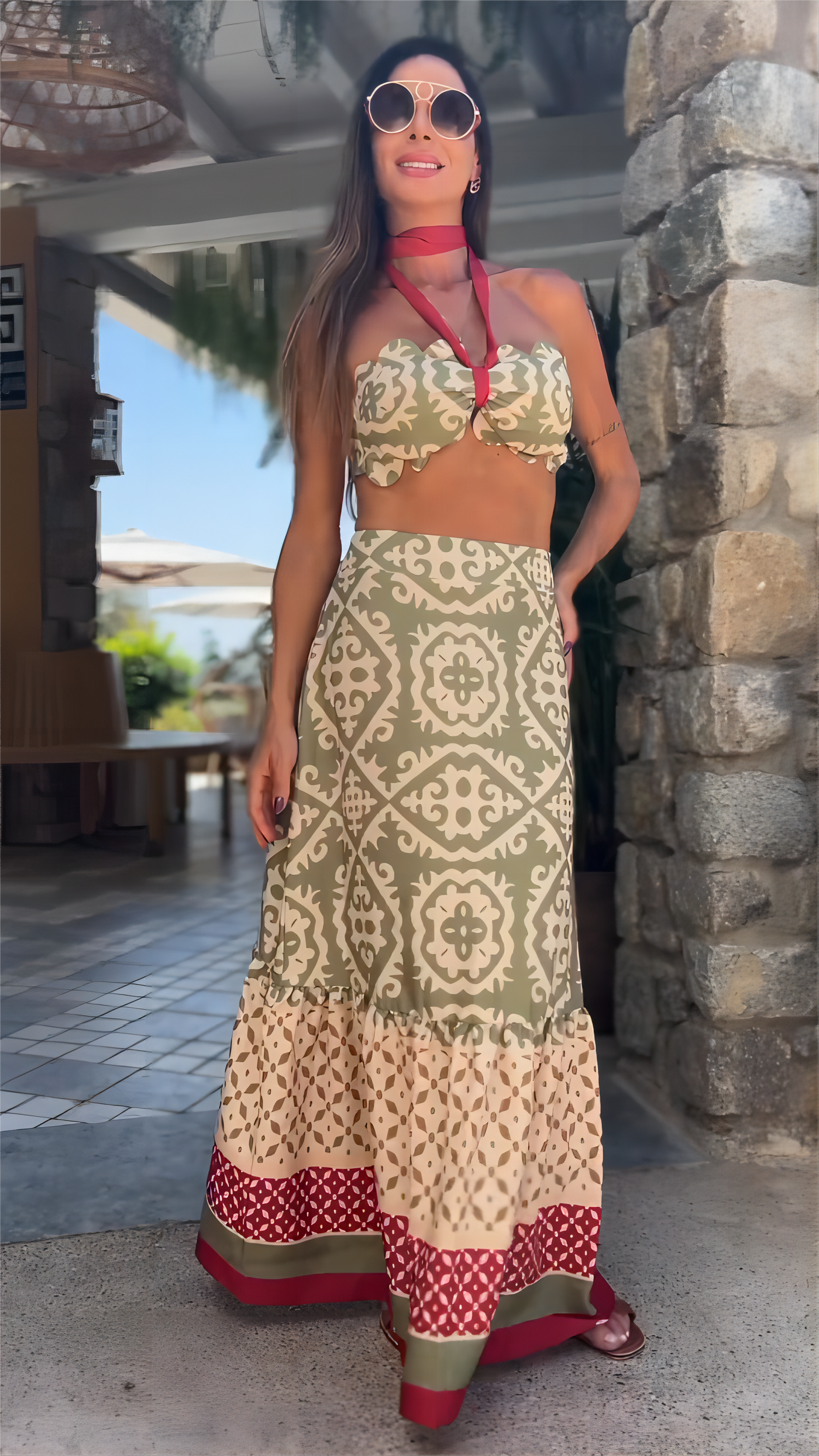 Vacation Two Piece Halter Cami Top & Full Skirt Set