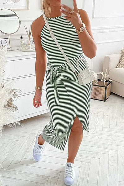 Striped Casual Sleeveless Halter Slim Fit Lace-Up Slit Midi Dress