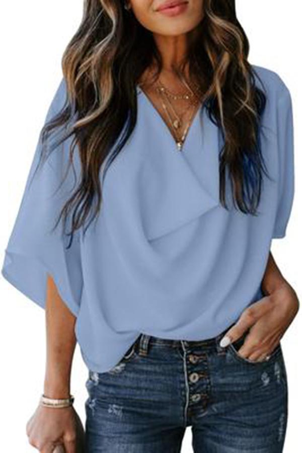 Solid Draped V-neck Half Sleeves Casual Blouse