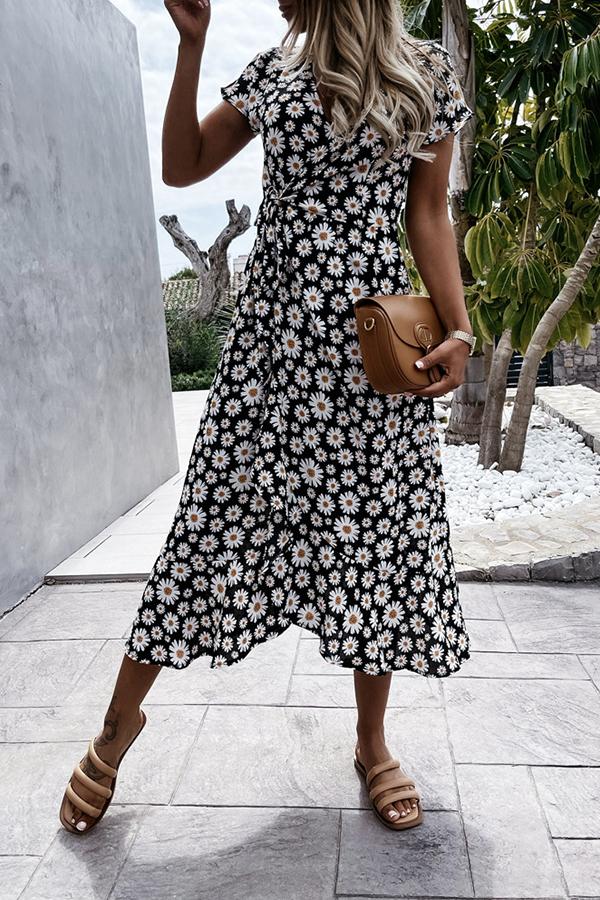 Floral V-neck Wrapped Midi Dress