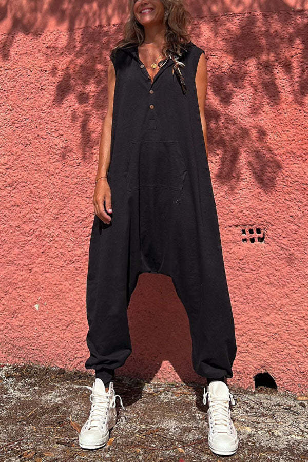 Hoodie Buttons Baggy Jumpsuit-Front Pocket