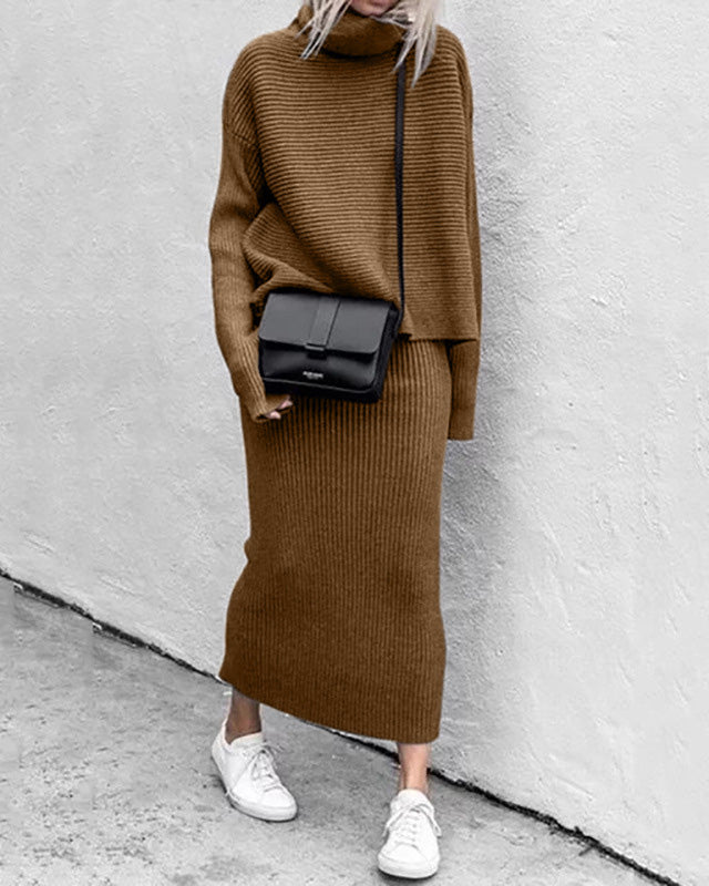 Fashion solid color turtleneck knitted skirt suit two-piece set