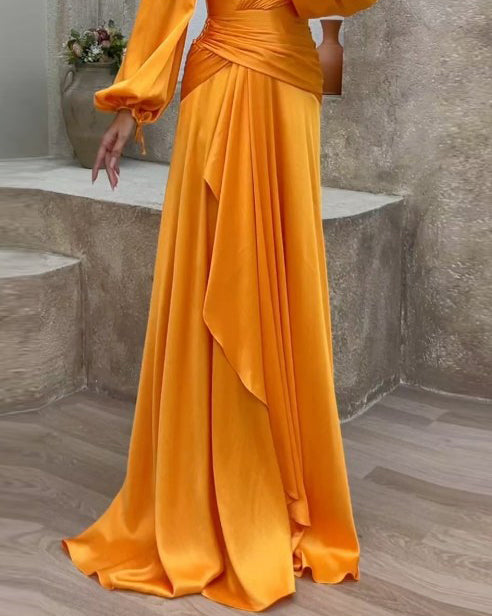 V-neck long-sleeved waist solid color dress