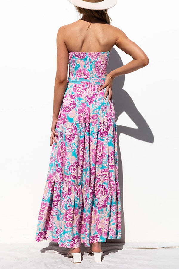 Strapless Backless Lace Up Print Maxi Dress