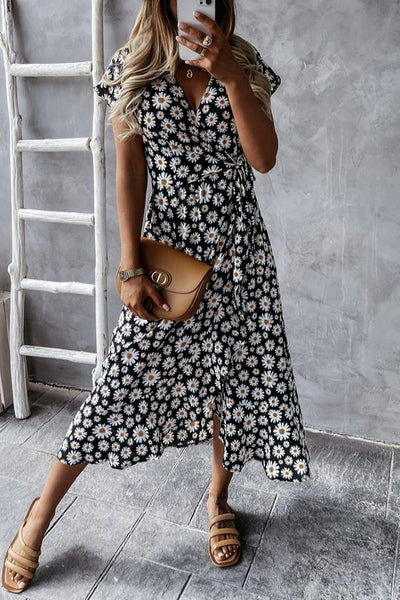 Floral V-neck Wrapped Midi Dress