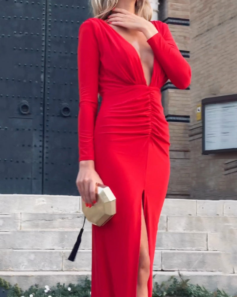 Fashion Sexy V-Neck Long-Sleeve Slit Solid Color Dress