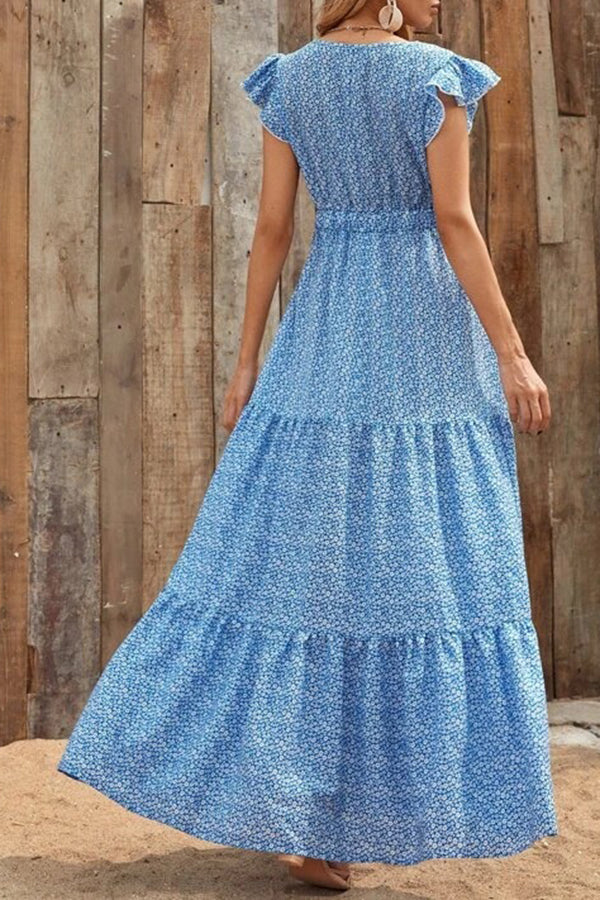 Maxikleid mit V-Ausschnitt, hoher Taille, Blumendruck und kurzen Ärmeln