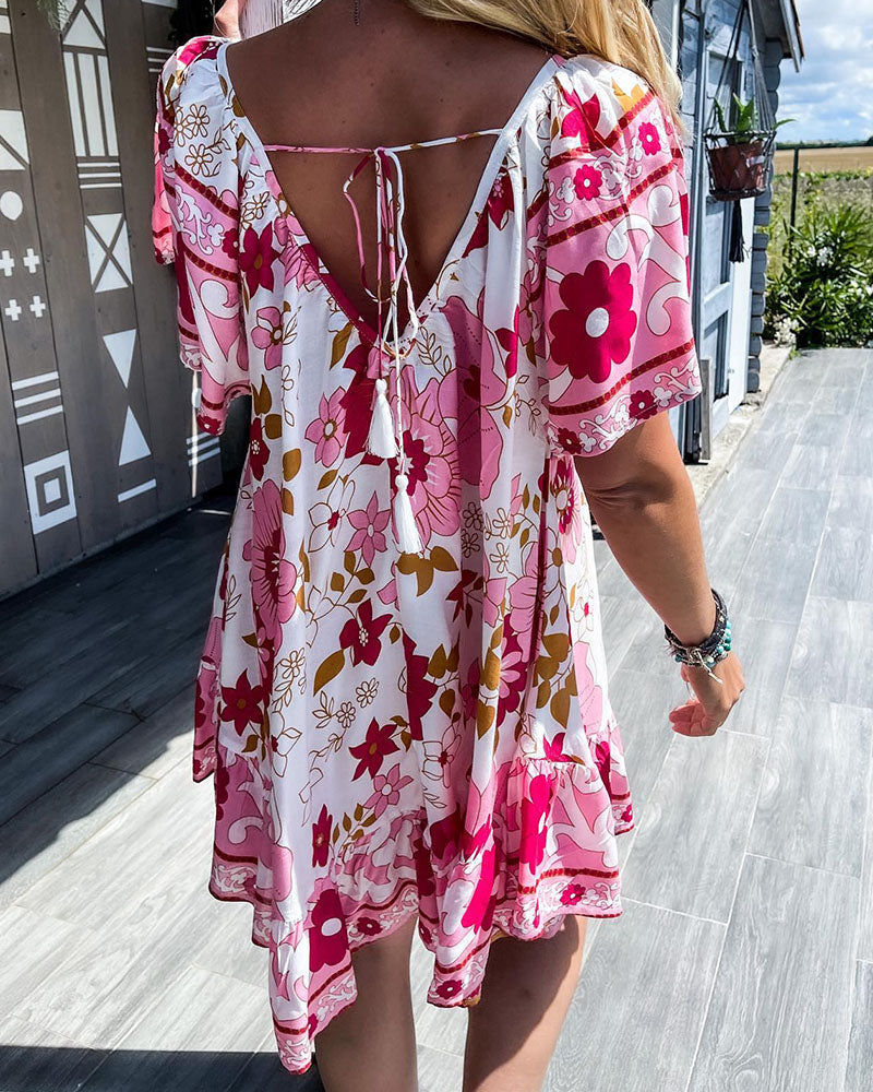 Sunshine floral ruffled V-neck loose BOHO dress