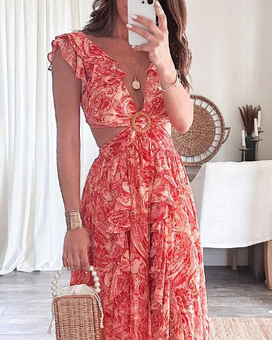 Butterfly Sleeve Print Ruffle Slit Dress