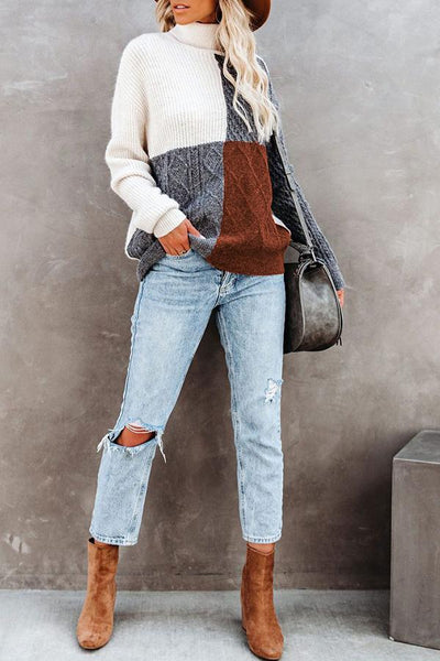 Casual Loose High Neck Contrast Sweater