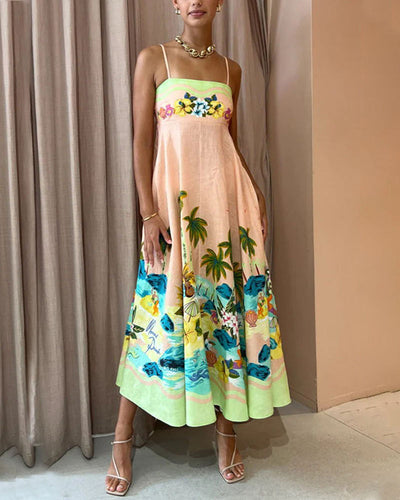 Sommerkleid mit hoher Taille und Sling-Print, lässiges Urlaubskleid 