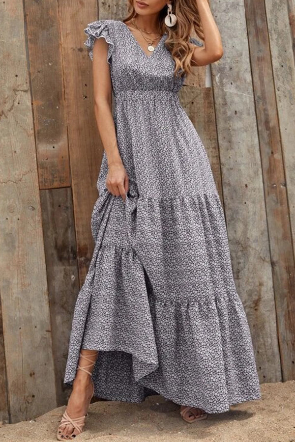 V-Neck High Waist Floral Print Layered Short Sleeve Maxi Dress