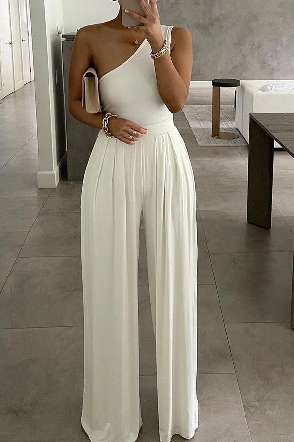 Irregular One Shoulder Solid Color Jumpsuit