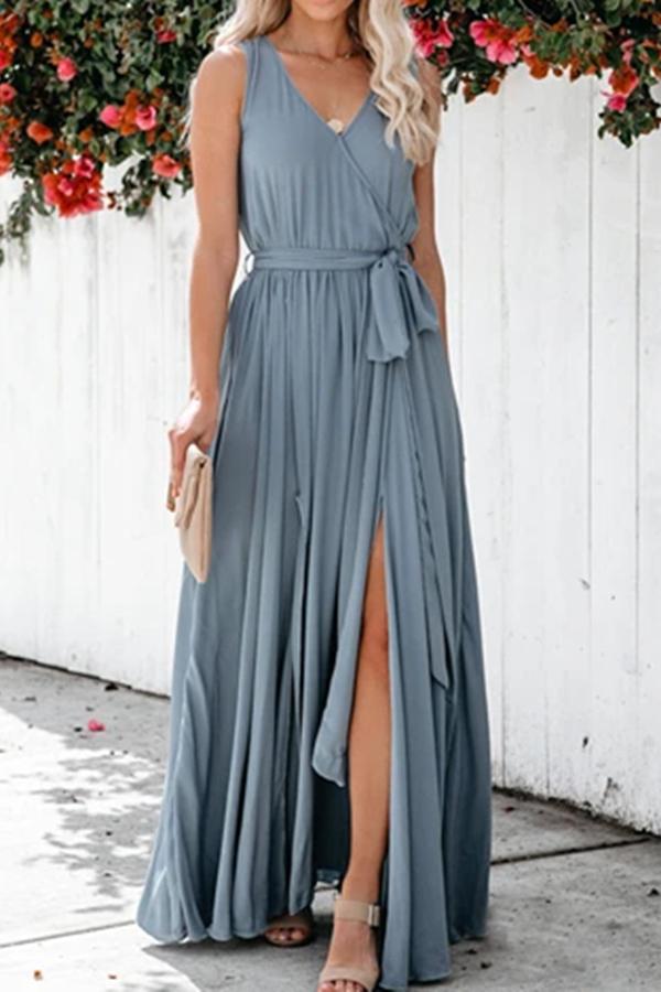 Elegant  V Neck Mid Waist Sleeveless Maxi Dress