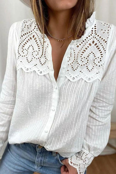 Lace Stitching Long Sleeve Button Down Blouse