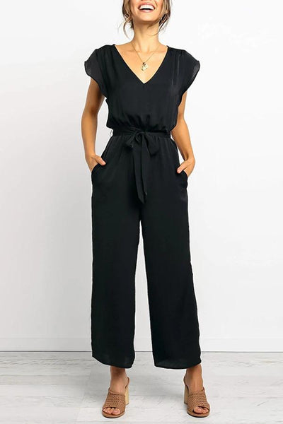 Basic Chiffon Lace Up V Neck Jumpsuit