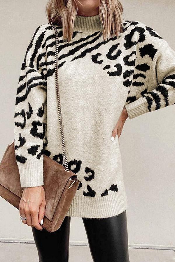 High Neck Leopard Long Sleeve Knit Sweater