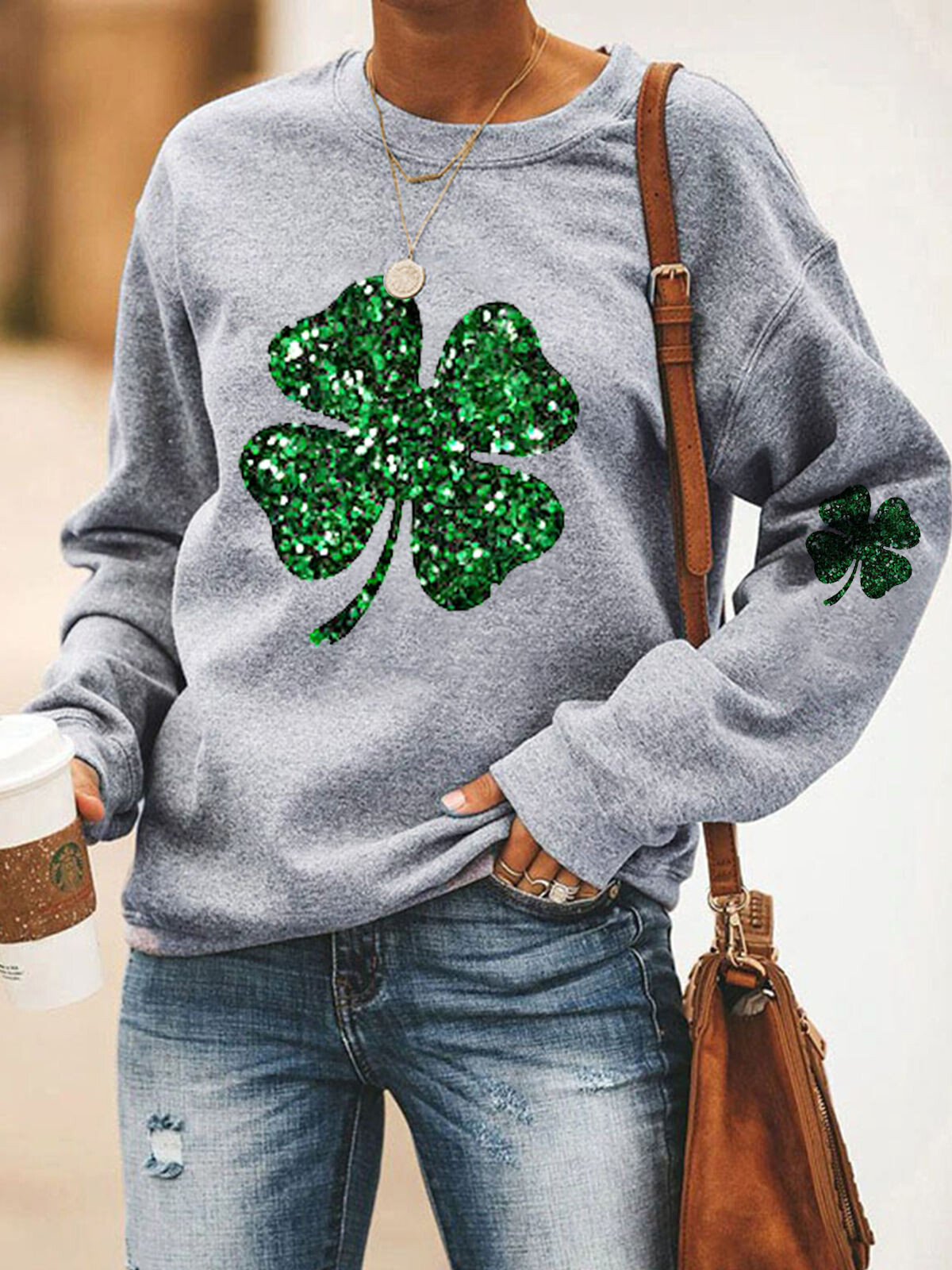 Lässiges Sweatshirt mit glitzerndem Kleeblatt-Print für Damen zum St. Patrick's Day 