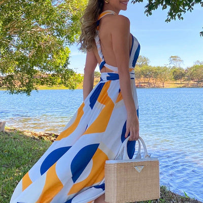 Sweet Striped Halter Slit Resort Dress